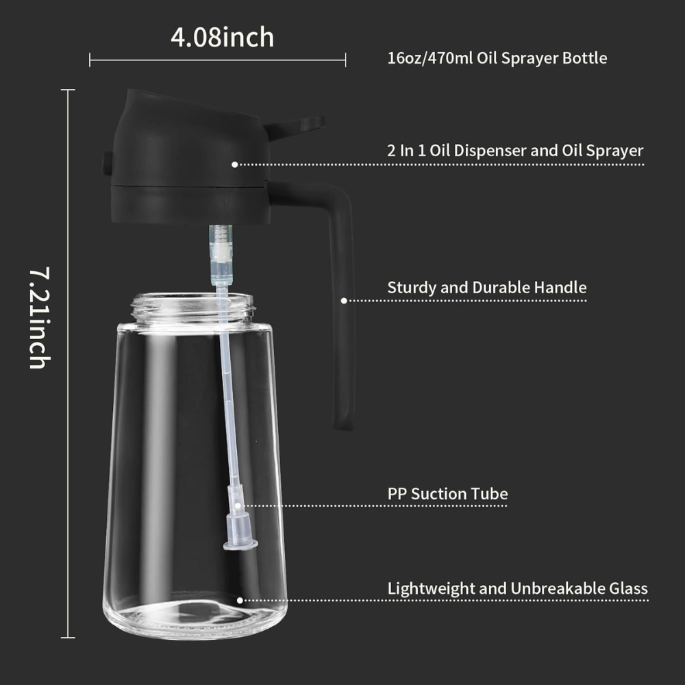 Glass Oil Sprayer and Dispenser Bottl 2-in-1, 500ml